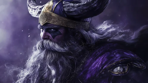 Viking warlord stares through storm with horned golden helm