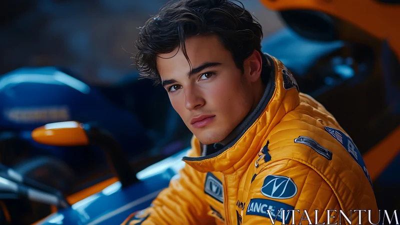 Portrait shows racing driver in yellow suit beside formula car