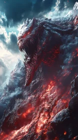 Volcanic dragon erupts from molten mountainside under storm
