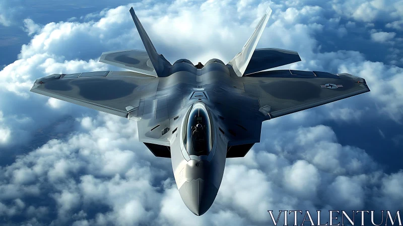Stealth fighter glides like a chrome arrow through cloud oceans
