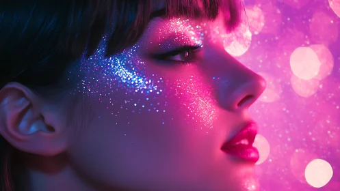 Glittering neon portrait glowing with dreamy cosmic color.