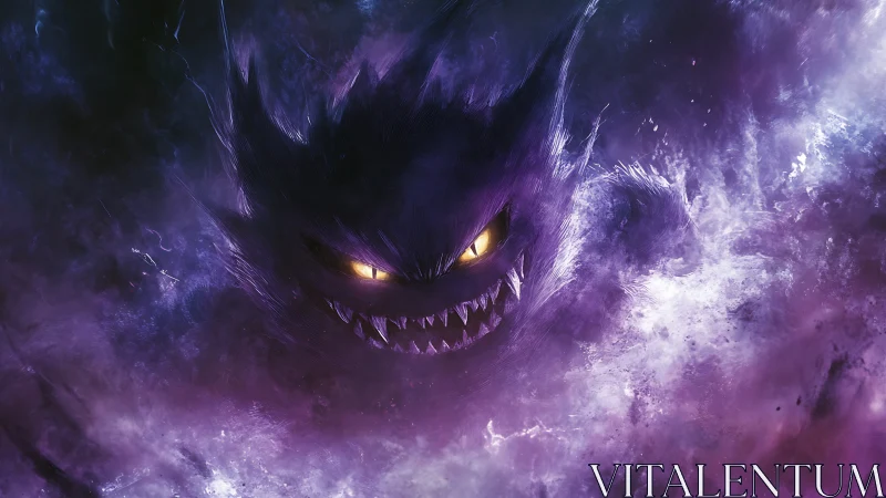 Spectral purple entity with luminous eyes in turbulent mist