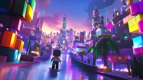 Tiny voyager strolls into a neon sunrise block-city dream