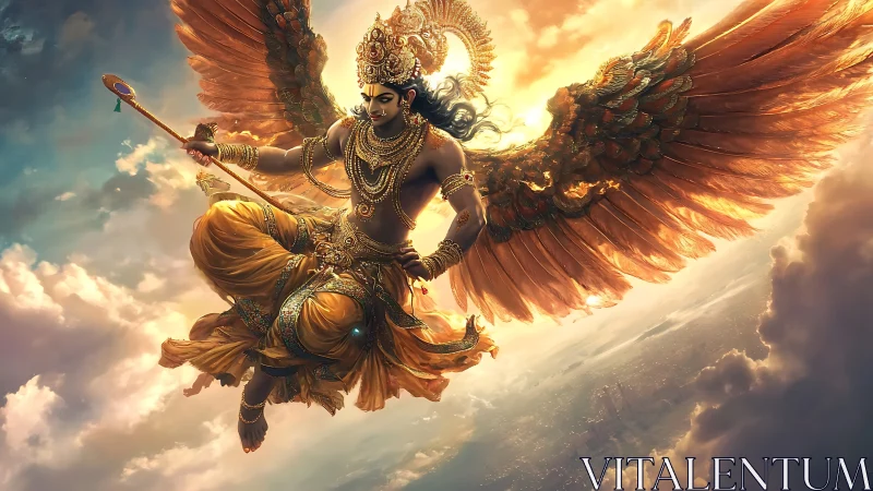 Divine winged guardian soaring through radiant storm sky.