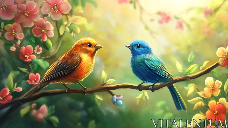 Vibrant Red and Blue Birds on Flowering Branch, Digital Painting.