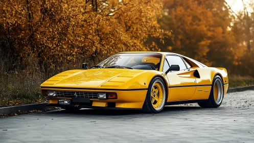 Photorealistic yellow sports coupe on autumn roadway canvas.