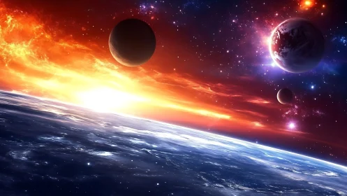 Flaming cosmic sunrise over distant worlds in radiant orbit.