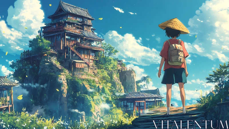 Child observes multi-tiered cliffside temple in daylight