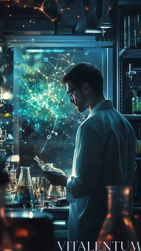 Futuristic lab scientist studying glowing molecular network.