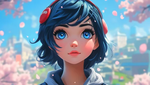 Blue-haired character stands before soft-focus urban backdrop
