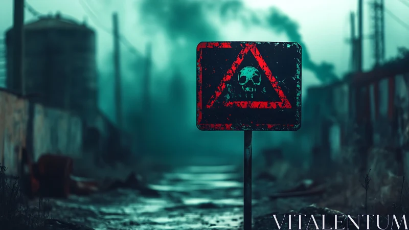 Warning sign in eerie industrial fog, quiet toxic roadway.