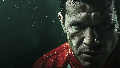 Photorealistic gritty athlete portrait in dramatic low key lighting.