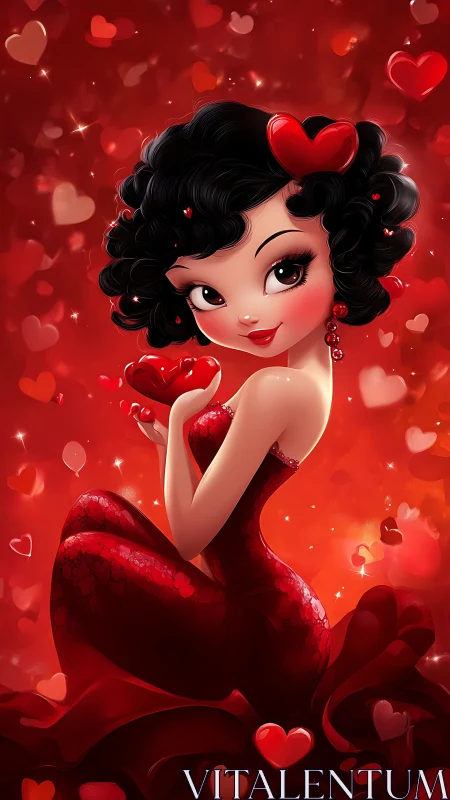 Retro Valentine's Day Pin-Up Illustration with Red Hearts.