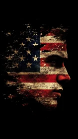 Weathered American flag dissolving into human profile silhouette.