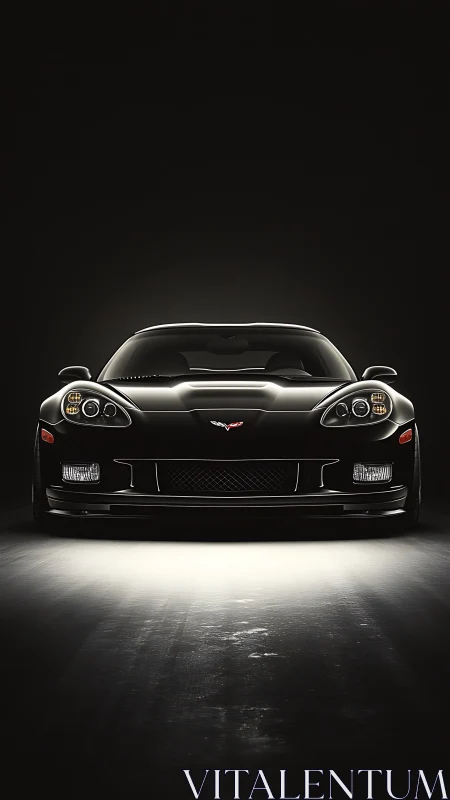 Midnight predator coupe prowling a spotlighted asphalt stage.