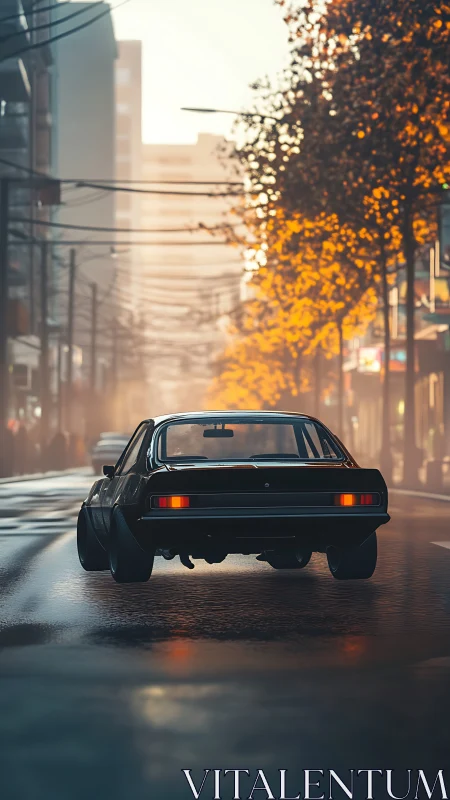 Cinematic rear-angle muscle car on misty urban avenue at dusk.