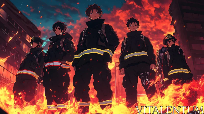 Heroic anime firefighters advancing through blazing inferno.
