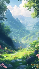 Sunlit valley meadow dreaming beneath watchful green peaks.