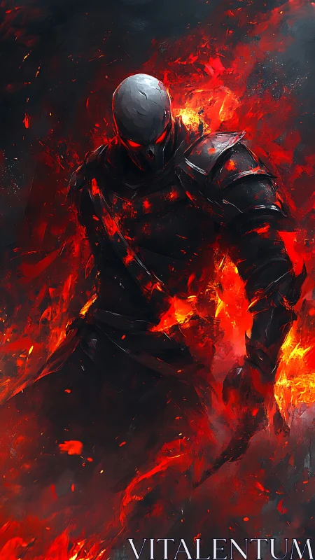 Armored infernal warrior emerges from abstract molten flames