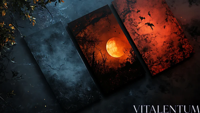 Halloween triptych with blood moon and flying bats at night.