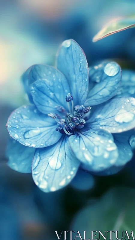 Blue Flower Macro Study with Dew Droplets and Shallow Depth