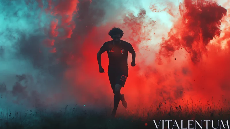 Runner sprints through red and cyan smoke on open field