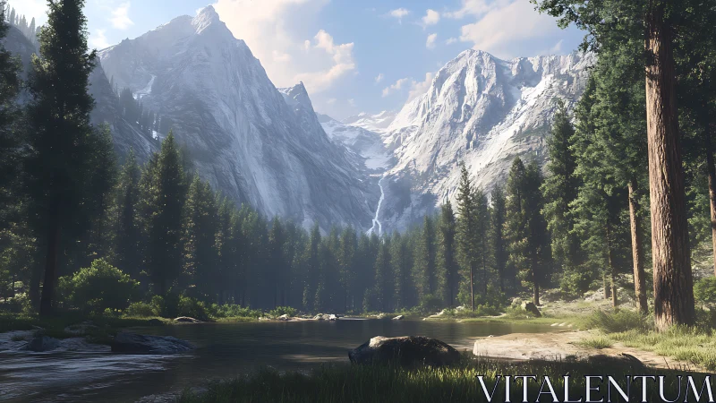 Photorealistic alpine valley with conifer forest and river panorama.