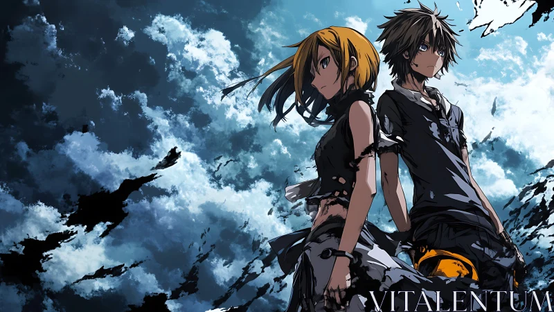 Weathered anime duo under turbulent cloudy sky.