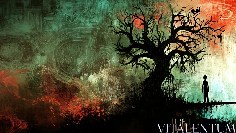 Solitary figure greeting a mysterious, color-washed tree.