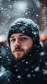 Snow-dusted gaze beneath a knitted midnight crown of winter.