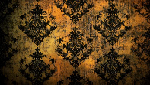 Vintage damask wallpaper with warm golden patina glow.