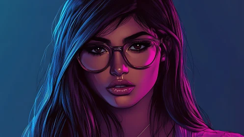Digital portrait shows woman with glasses in neon side lighting