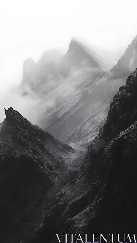 High-contrast monochrome ridgeline engulfed in atmospheric fog