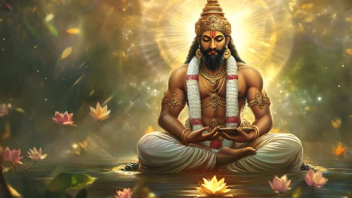 Radiant yogic deity in lotus pond with volumetric light fields.