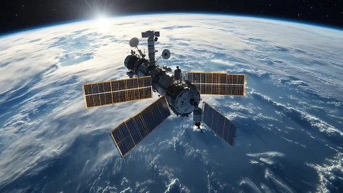 Orbital space station above Earth with extended solar arrays.