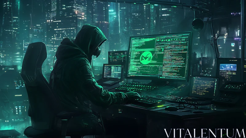 Hooded computer operator works in neon lit cyberpunk city