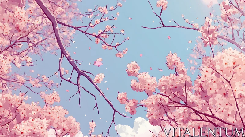Cherry blossoms frame wide blue sky in gentle spring wind