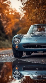 Classic blue sports car gleams along a quiet autumn road