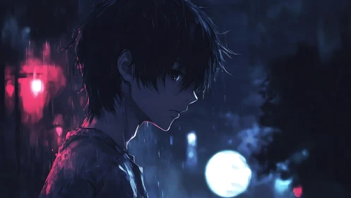 Solitary boy walks through neon rain in a moody night street