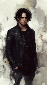 Brooding man in black leather jacket against abstract wall.