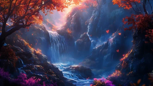 Bioluminescent canyon waterfall with magenta foliage and hearts