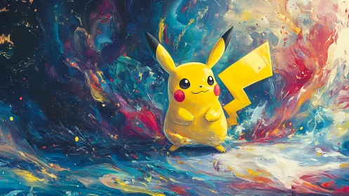 Pikachu stands against an abstract vortex of impasto color