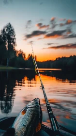 Sunset lake fishing scene captures a fresh catch in calm water.
