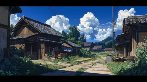 Quiet rural lane with wooden houses under summer sky.
