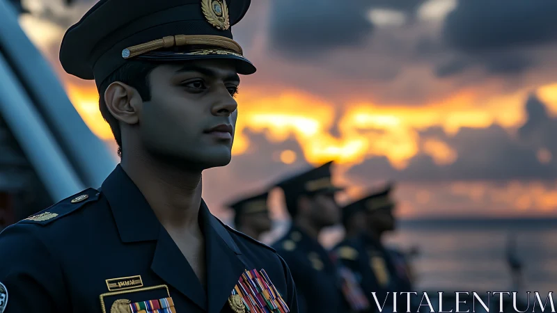 Photorealistic naval officer portrait at sunset ceremony.