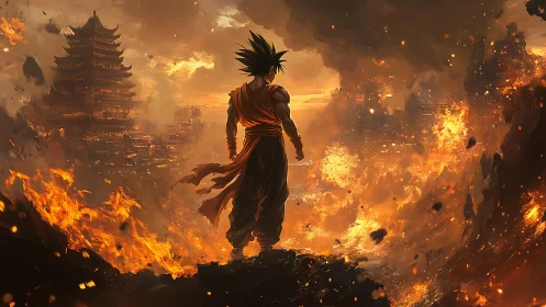 Warrior silhouette over burning cityscape in molten dusk.