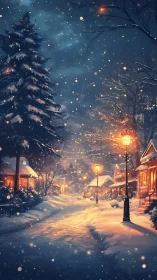 Snowy village street under warm winter lamplight at night.
