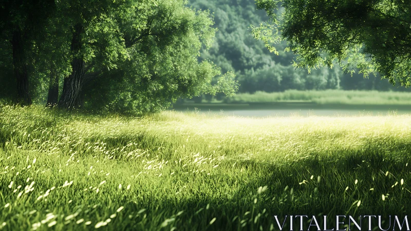 Sunlit meadow inviting quiet moments beneath green trees.