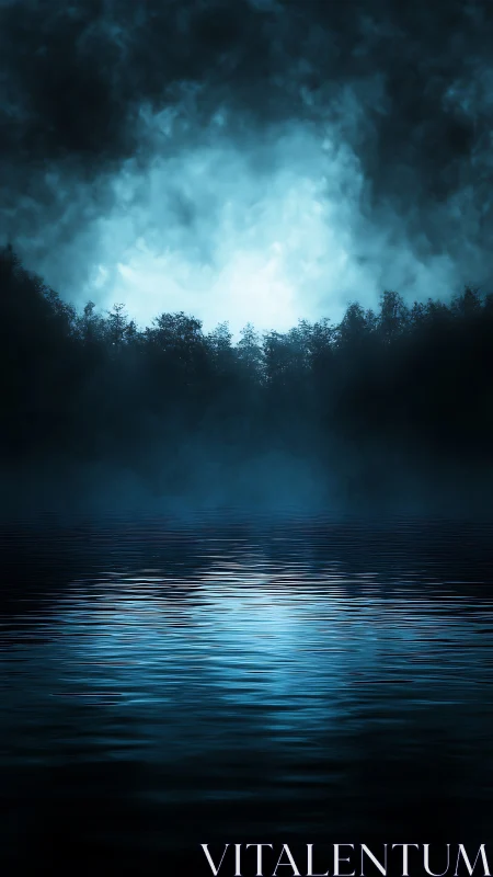 Moonlit mist over dark forest lake radiates eerie calm