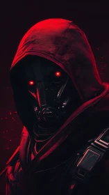 Hooded cyber assassin emerges from the red-shadowed void